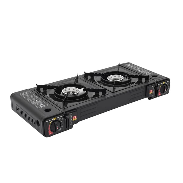 Camping gasblus - Dobbeltbrænder - Effekt 2500 W pr. Brænder - Integreret Tænding - 63×26×12 cm - Med Bæretaske - Sort
