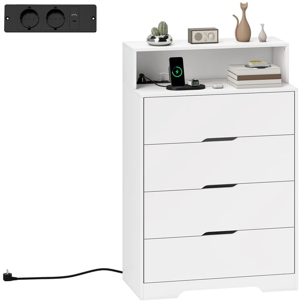 Byrå - Förvaringsbyrå - 4 Lådor - Laddningsstation med USB & USB‑C - Öppen Hylla - 80×40×120 cm - Vattenavvisande - Vit
