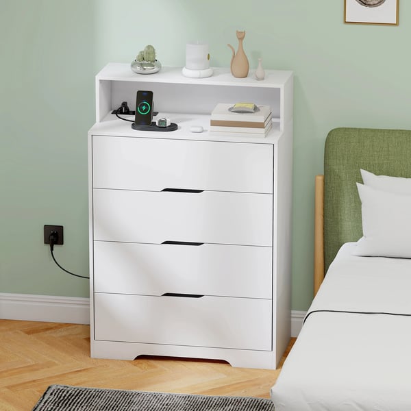 Byrå - Förvaringsbyrå - 4 Lådor - Laddningsstation med USB & USB‑C - Öppen Hylla - 80×40×120 cm - Vattenavvisande - Vit