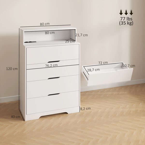Byrå - Förvaringsbyrå - 4 Lådor - Laddningsstation med USB & USB‑C - Öppen Hylla - 80×40×120 cm - Vattenavvisande - Vit