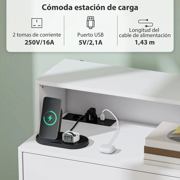 Byrå - Förvaringsbyrå - 4 Lådor - Laddningsstation med USB & USB‑C - Öppen Hylla - 80×40×120 cm - Vattenavvisande - Vit