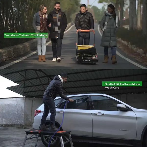 Sammenklappeligt arbejdsbord og sækkevogn - 7‑i‑1 - Kraftig - Mobil arbejdsplatform - Til garage, værksted, byggeplads & DIY - Grøn