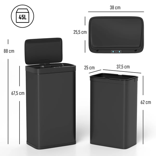 Automatisk kökssoptunna - Sensorstyrd - 45 l - Rektangulär - Plast - Fristående - Miljövänlig - Svart