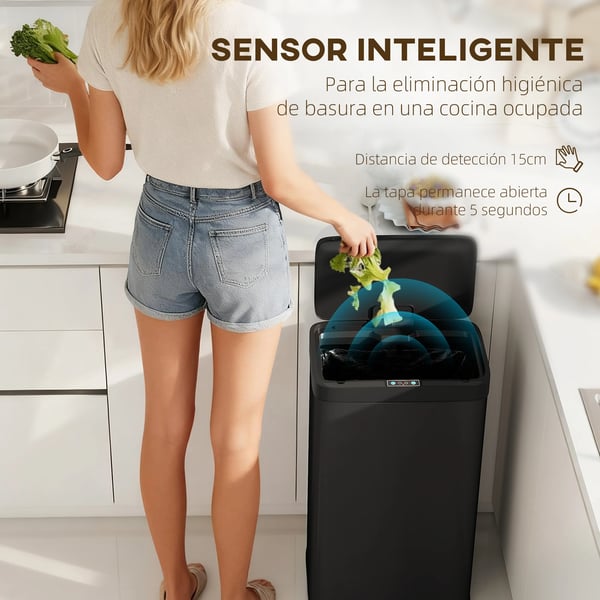 Automatisk kökssoptunna - Sensorstyrd - 45 l - Rektangulär - Plast - Fristående - Miljövänlig - Svart