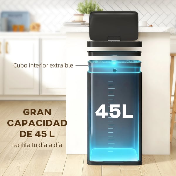 Automatisk kökssoptunna - Sensorstyrd - 45 l - Rektangulär - Plast - Fristående - Miljövänlig - Svart