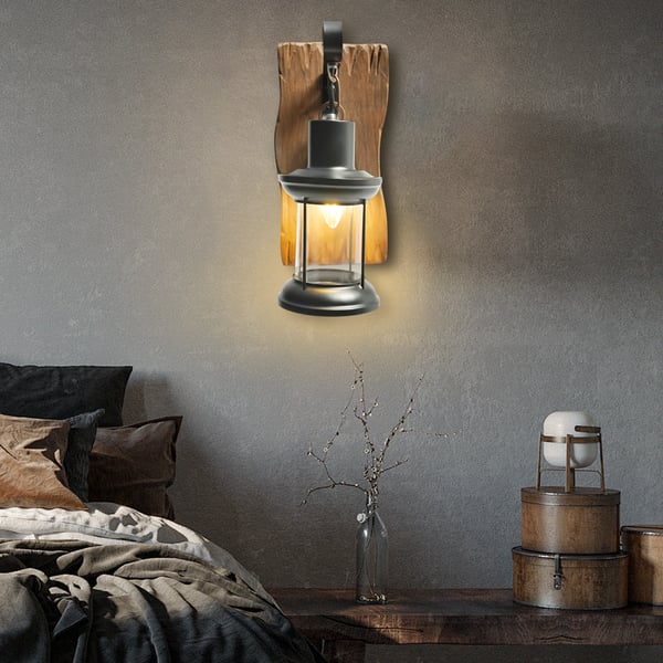 Industriel væglampe - Rustik lanterne-design - E27 fatning - Fast tilslutning 110–240V - Jern, glas og massivt træ - 14×29 cm - Sort