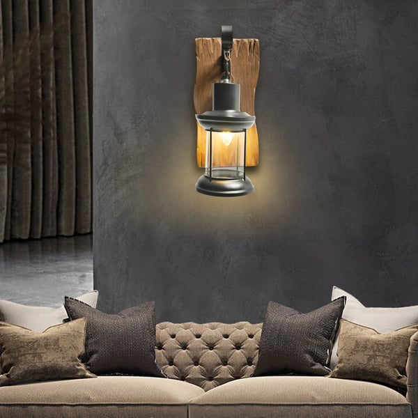 Industriel væglampe - Rustik lanterne-design - E27 fatning - Fast tilslutning 110–240V - Jern, glas og massivt træ - 14×29 cm - Sort