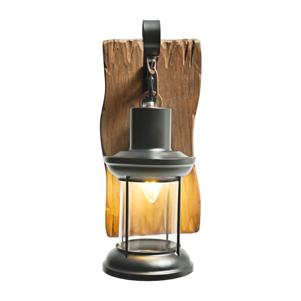 Industriel væglampe - Rustik lanterne-design - E27 fatning - Fast tilslutning 110–240V - Jern, glas og massivt træ - 14×29 cm - Sort