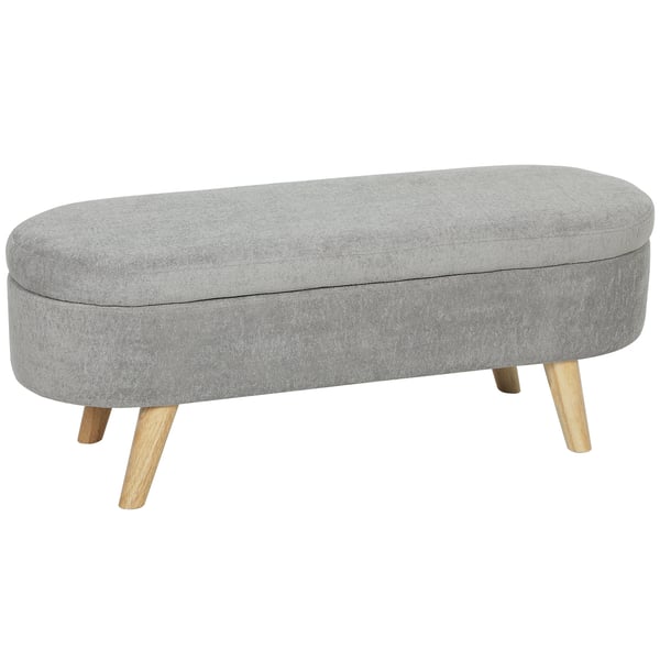 Bänk för sängände - Oval ottoman/pall - Teddysammet - Stoppad sits - Ben i gummiträ - Förvaring - 110x40x43 cm - Ljusgrå