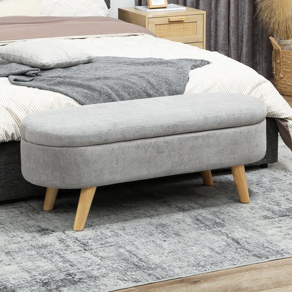 Bänk för sängände - Oval ottoman/pall - Teddysammet - Stoppad sits - Ben i gummiträ - Förvaring - 110x40x43 cm - Ljusgrå
