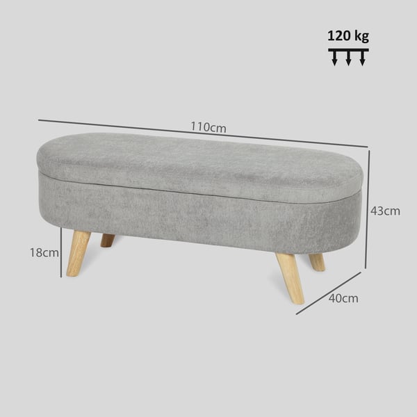 Bänk för sängände - Oval ottoman/pall - Teddysammet - Stoppad sits - Ben i gummiträ - Förvaring - 110x40x43 cm - Ljusgrå