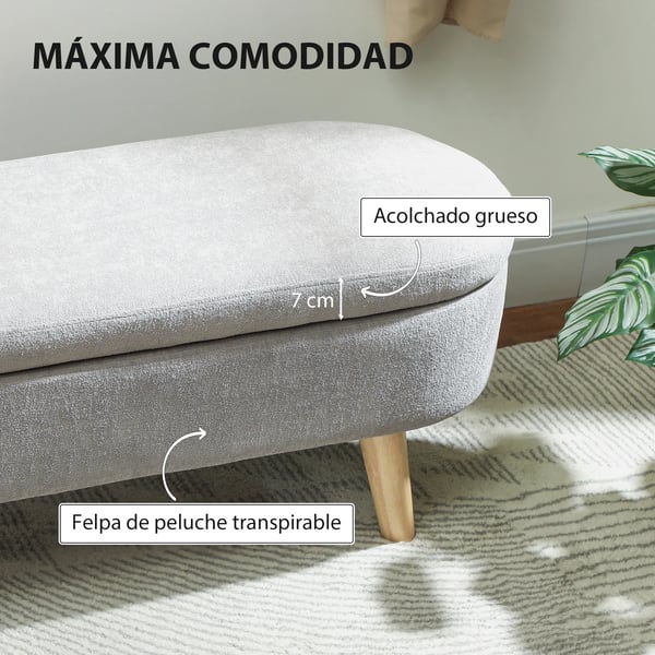 Bänk för sängände - Oval ottoman/pall - Teddysammet - Stoppad sits - Ben i gummiträ - Förvaring - 110x40x43 cm - Ljusgrå