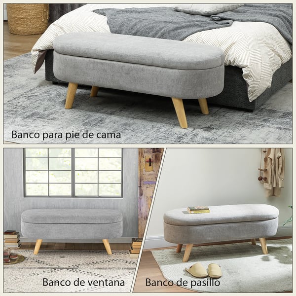 Bänk för sängände - Oval ottoman/pall - Teddysammet - Stoppad sits - Ben i gummiträ - Förvaring - 110x40x43 cm - Ljusgrå