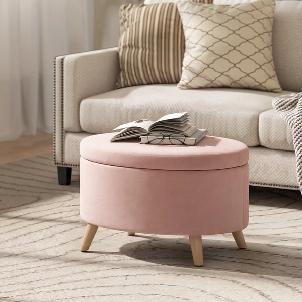 Förvaringspuff - Oval Sittbänk - Sammetklädsel - Ben i massivt gummiträ - Max 120 kg - Mått 71 x 51,5 x 42 cm - Rosa