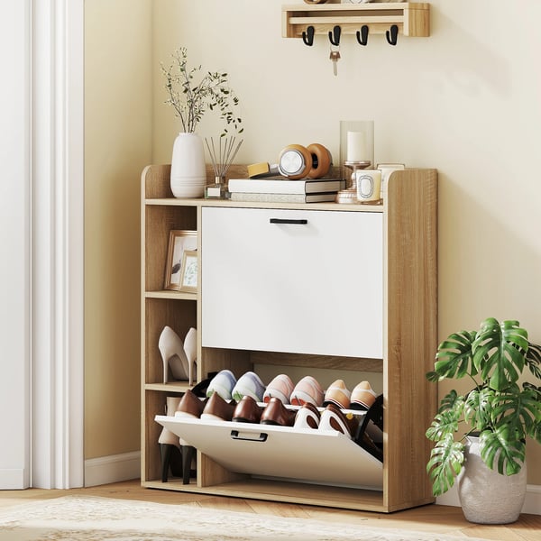 Skoskåp - Smal Hallmöbel - 2 Dörrar - 3 Sidoshyllor - Justerbara Hyllplan - För 15 Par - 83x24x90,5 cm - Svart