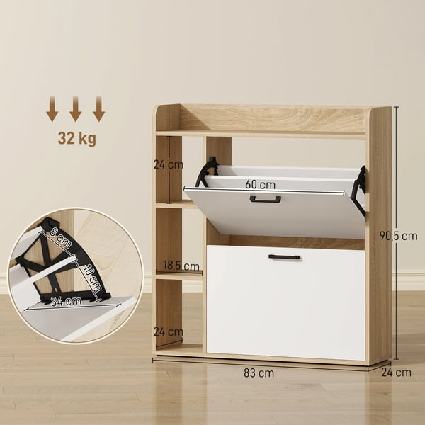 Skoskåp - Smal Hallmöbel - 2 Dörrar - 3 Sidoshyllor - Justerbara Hyllplan - För 15 Par - 83x24x90,5 cm - Svart
