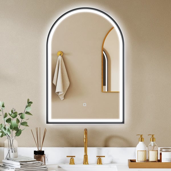 LED-badrumsspegel - Bågformad väggspegel - 60×90 cm - 3 färgtemperaturer - Dimbart ljus - Imfri - Aluminiumram - Svart