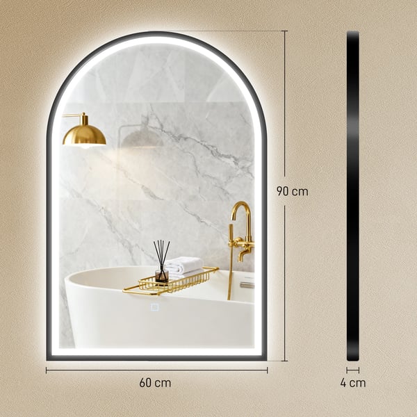 LED-badrumsspegel - Bågformad väggspegel - 60×90 cm - 3 färgtemperaturer - Dimbart ljus - Imfri - Aluminiumram - Svart