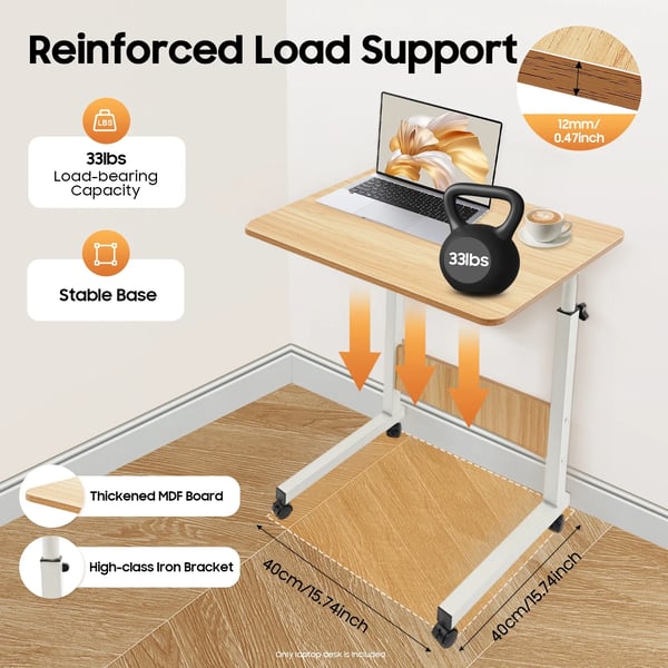 Laptopbord med hjul - Højdejusterbart rullebord - Højde 70–90 cm - Bordplade 60x40 cm - MDF & stål - Max 15 kg - Brun
