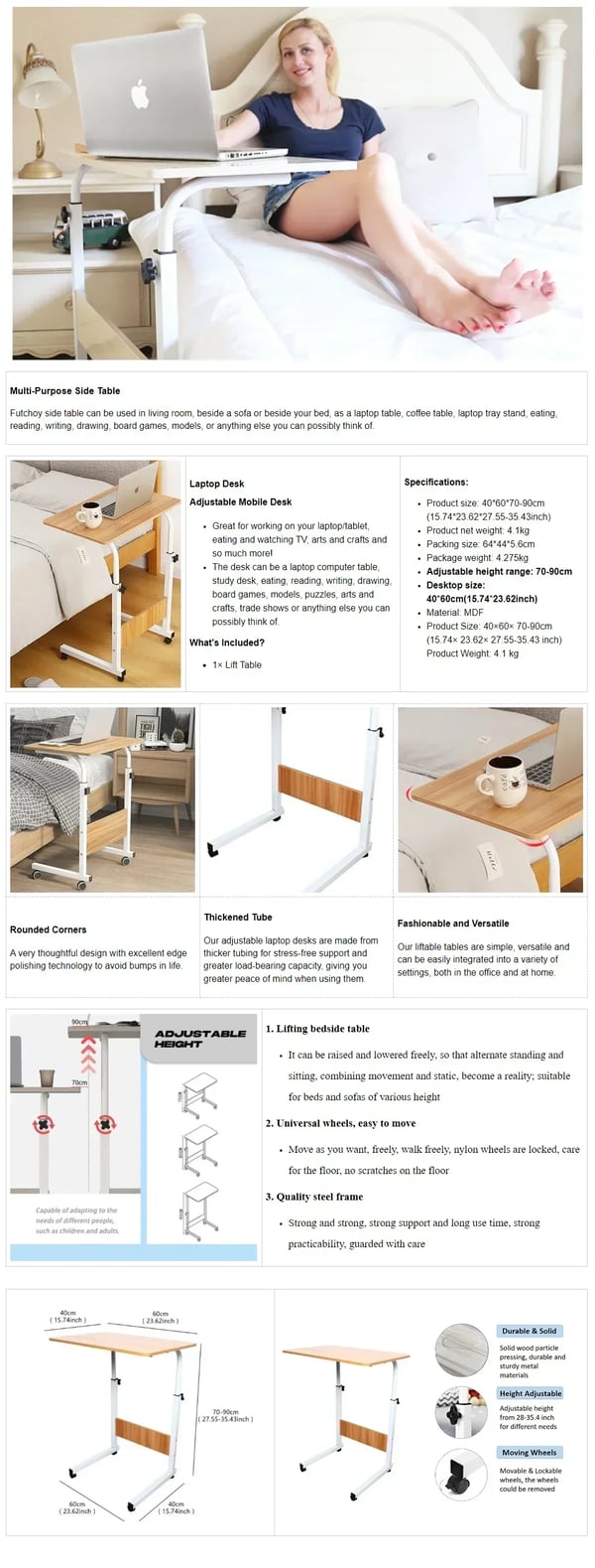 Laptopbord med hjul - Højdejusterbart rullebord - Højde 70–90 cm - Bordplade 60x40 cm - MDF & stål - Max 15 kg - Brun