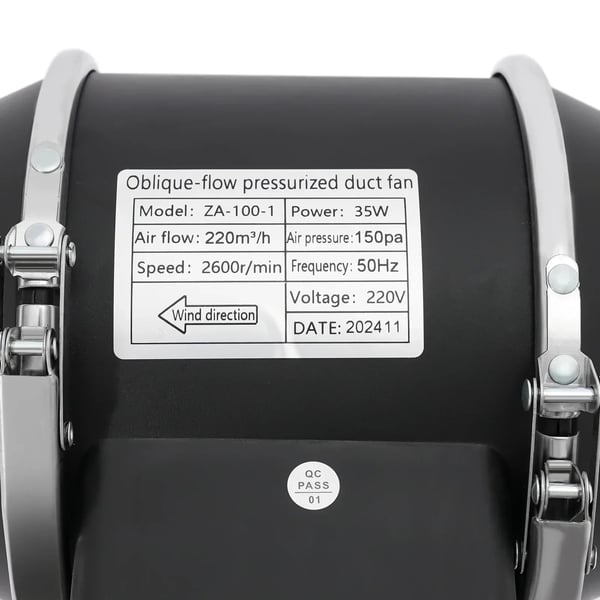 Køkken/badeværelse kanalventilator - Inline udsugningsventilator - 220 m³/h - 35 W - 220 V 50 Hz - 150 Pa - IPX2 - EU-stik - Sort