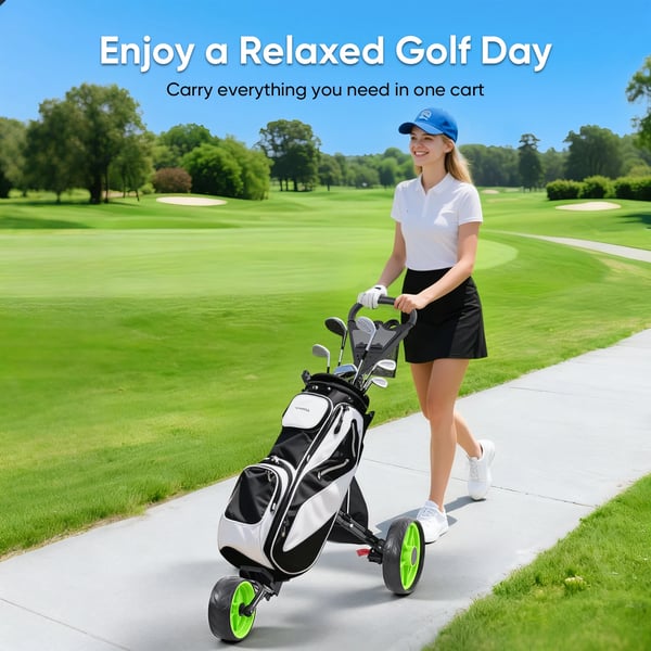 Golfvogn - 3-hjulet Trolley - Sammenklappelig - Højdejusterbar - 35,6 cm hjul - Rækkevidde 30–50 km - Batteri >230 Ah - Fodbremse - Grøn