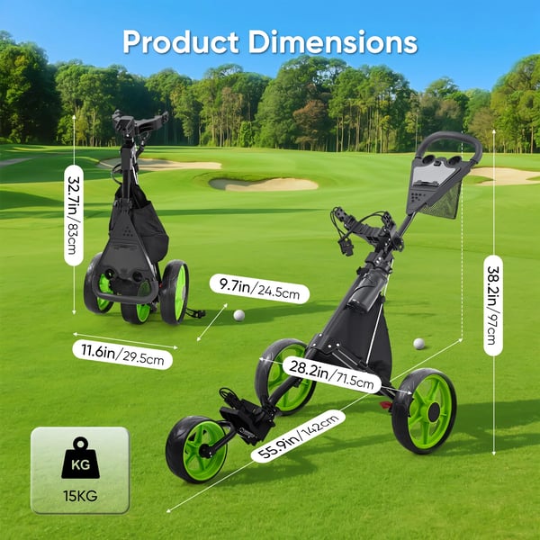 Golfvogn - 3-hjulet Trolley - Sammenklappelig - Højdejusterbar - 35,6 cm hjul - Rækkevidde 30–50 km - Batteri >230 Ah - Fodbremse - Grøn