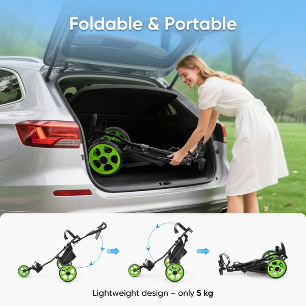 Golfvogn - 3-hjulet Trolley - Sammenklappelig - Højdejusterbar - 35,6 cm hjul - Rækkevidde 30–50 km - Batteri >230 Ah - Fodbremse - Grøn