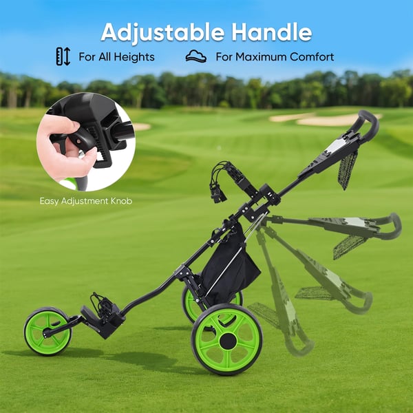Golfvogn - 3-hjulet Trolley - Sammenklappelig - Højdejusterbar - 35,6 cm hjul - Rækkevidde 30–50 km - Batteri >230 Ah - Fodbremse - Grøn