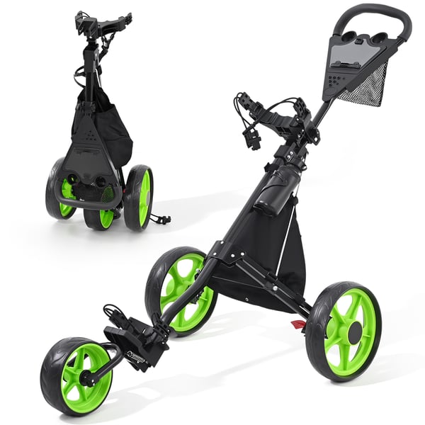 Golfvogn - 3-hjulet Trolley - Sammenklappelig - Højdejusterbar - 35,6 cm hjul - Rækkevidde 30–50 km - Batteri >230 Ah - Fodbremse - Grøn