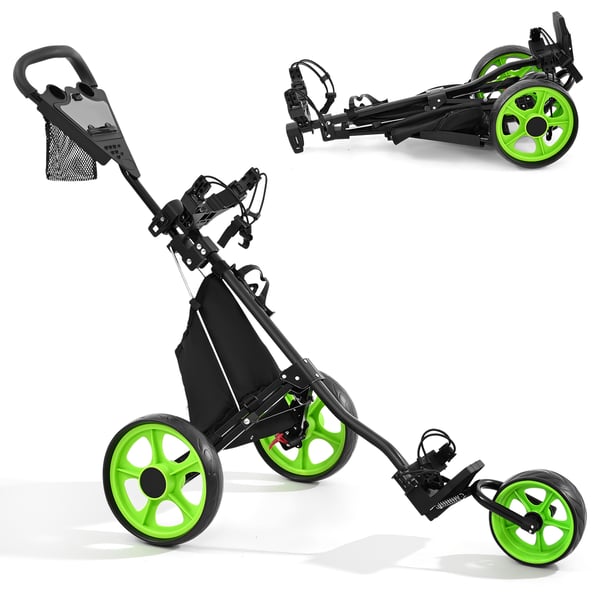 Golfvogn - 3-hjulet Trolley - Sammenklappelig - Højdejusterbar - 35,6 cm hjul - Rækkevidde 30–50 km - Batteri >230 Ah - Fodbremse - Grøn