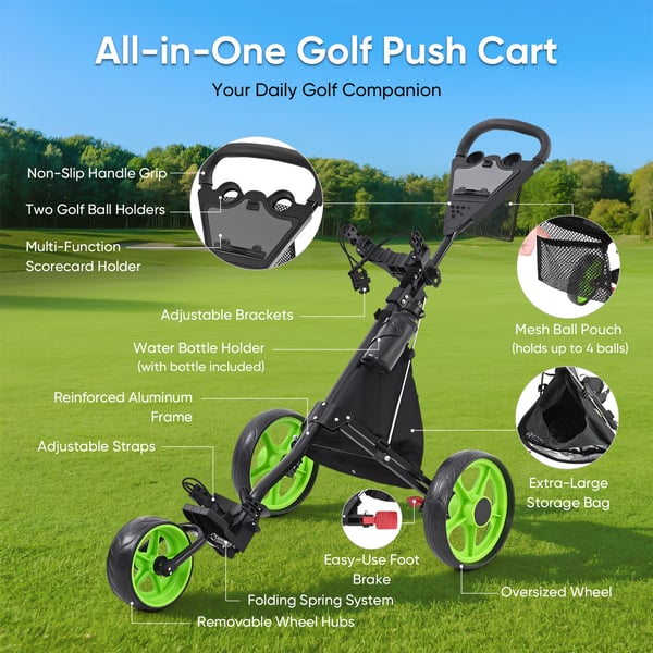 Golfvogn - 3-hjulet Trolley - Sammenklappelig - Højdejusterbar - 35,6 cm hjul - Rækkevidde 30–50 km - Batteri >230 Ah - Fodbremse - Grøn