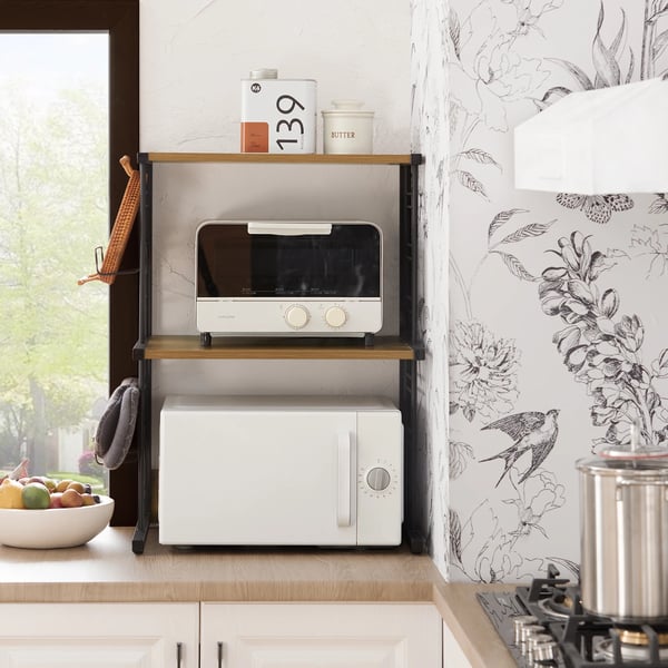 Mikroaaltouunihylly ja keittiöhylly - KCR08-PF - 2 tasoa - 2 pullotelinettä - Teollinen design - Musta