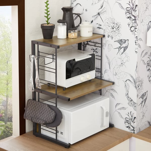 Mikroaaltouunihylly ja keittiöhylly - KCR08-PF - 2 tasoa - 2 pullotelinettä - Teollinen design - Musta