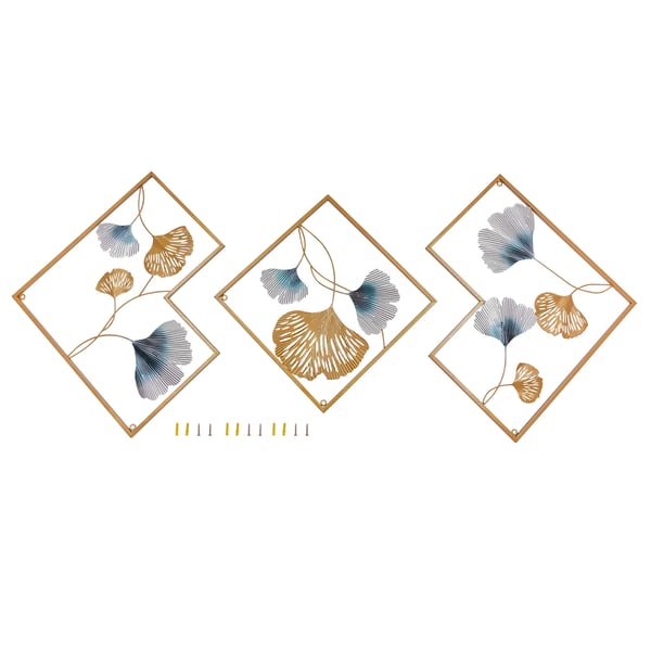 Seinäkoriste - Ginkgo 3D metallitaulu triptyykki - Kolmiosainen - Koko 164 x 70,5 cm - Olohuoneeseen Makuuhuoneeseen Käytävään Ruokailutilaan - Kulta