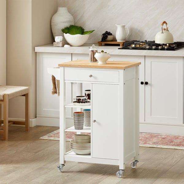 Serveringsvogn/Køkkenvogn - 1 Dør - 1 Skuffe - 3 Hylder - 68 x 40 x 86 cm - Samling Påkrævet - Hvid