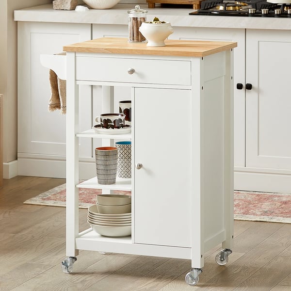Serveringsvogn/Køkkenvogn - 1 Dør - 1 Skuffe - 3 Hylder - 68 x 40 x 86 cm - Samling Påkrævet - Hvid