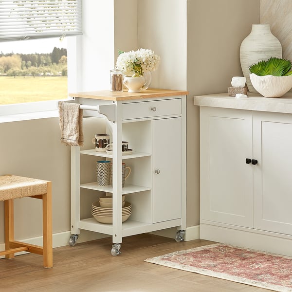 Serveringsvogn/Køkkenvogn - 1 Dør - 1 Skuffe - 3 Hylder - 68 x 40 x 86 cm - Samling Påkrævet - Hvid