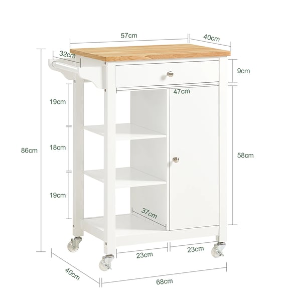Serveringsvogn/Køkkenvogn - 1 Dør - 1 Skuffe - 3 Hylder - 68 x 40 x 86 cm - Samling Påkrævet - Hvid
