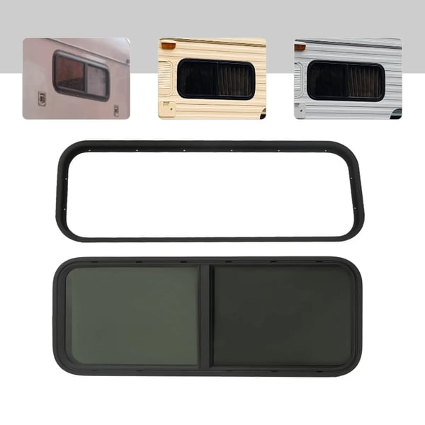 Autocamper/Caravan Vindue - Sidevindue - Tonet skydende - 1000×400 mm - Myggenet og ventilation - Hærdet sort glas - Aluminiumslegering - Sort
