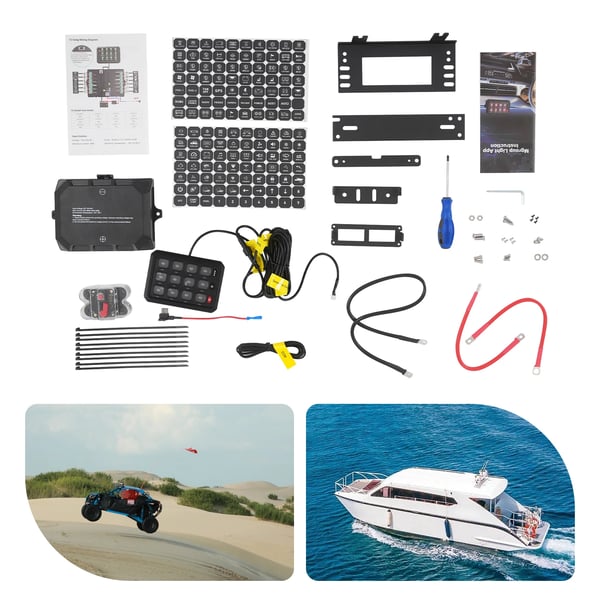 App-styret afbryderpanel - 12-kanals 12-vejs - DC 12–24 V - RGB 8 farver - Lysstyrke 5 niveauer - Maks. 80 A 960/1920 W - Til båd UTV SUV campingvogn