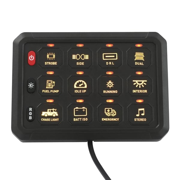 App-styret afbryderpanel - 12-kanals 12-vejs - DC 12–24 V - RGB 8 farver - Lysstyrke 5 niveauer - Maks. 80 A 960/1920 W - Til båd UTV SUV campingvogn