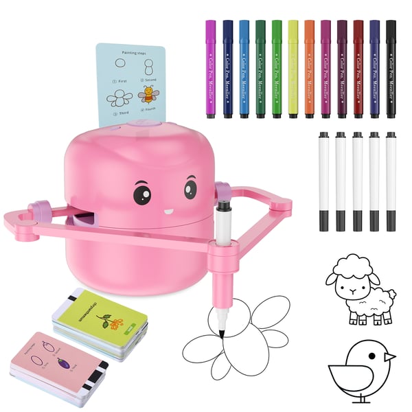 Tegnerobot til børn - Tegneprojektor - 100 kort - Stemmestyret - Genopladelig - Læringslegetøj - Pink