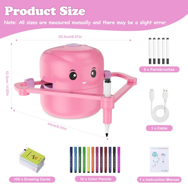 Tegnerobot til børn - Tegneprojektor - 100 kort - Stemmestyret - Genopladelig - Læringslegetøj - Pink