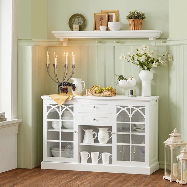 Sideboard - Køkkenskab Buffet - 2 Glaslåger - 2 Skuffer - Opbevaring - Selvmontering - Hvid