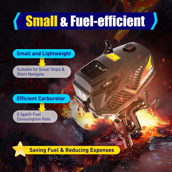 Benzin påhængsmotor - 2-takt 3,6 hk (2,6 kW) - 1-cylindret - 4000–5500 omdr./min - Luft- & vandkøling - 1,5 l tank - Lavt støjniveau - Sort