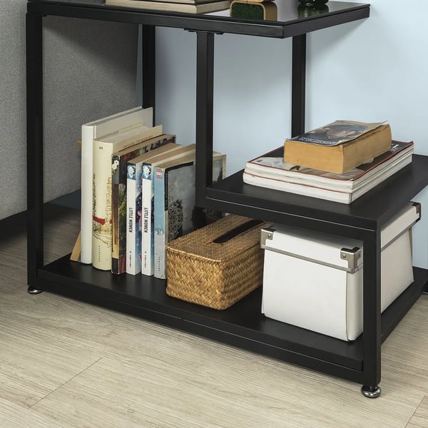 Sofabord/Sidebord - Glasbord - Med glasplade - Tre hylder - Mål 65x55x35 cm - Sort
