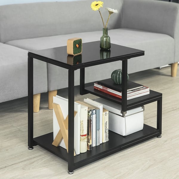 Sofabord/Sidebord - Glasbord - Med glasplade - Tre hylder - Mål 65x55x35 cm - Sort