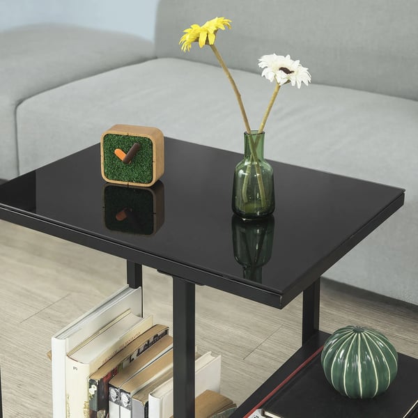 Sofabord/Sidebord - Glasbord - Med glasplade - Tre hylder - Mål 65x55x35 cm - Sort