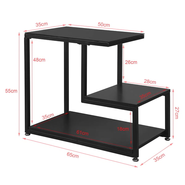 Sofabord/Sidebord - Glasbord - Med glasplade - Tre hylder - Mål 65x55x35 cm - Sort